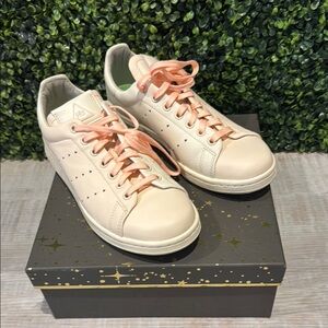 Adidas X Pharrell Stan Smith Cream Sneakers with Peach Laces